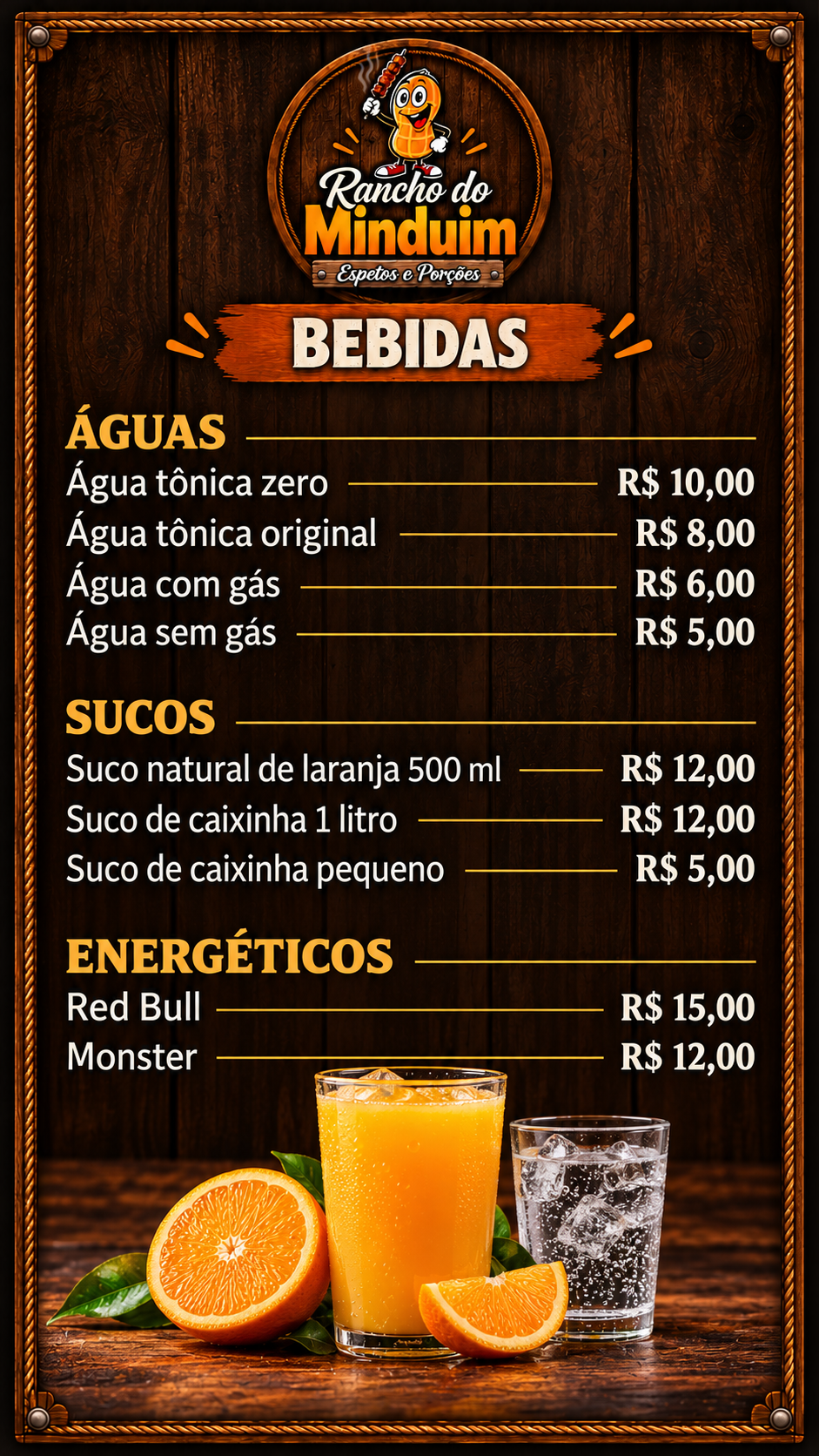 Cardápio Rancho do Minduim — Águas, sucos e energéticos