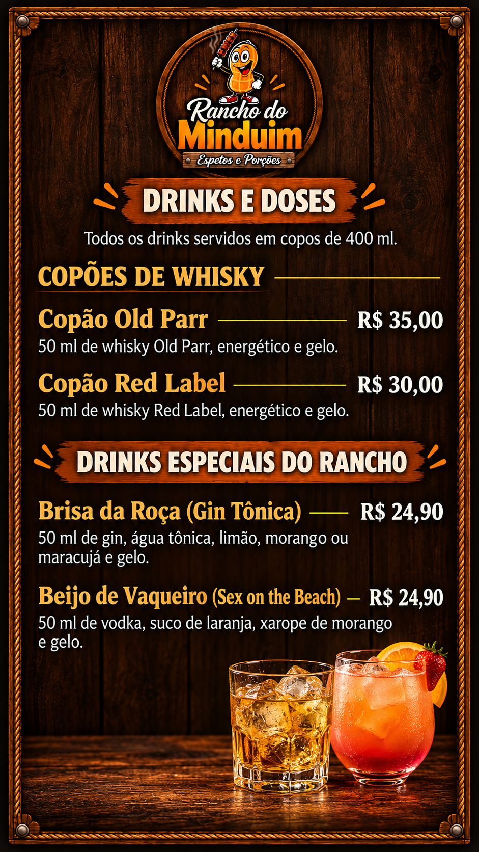 Cardápio Rancho do Minduim — Drinks e doses