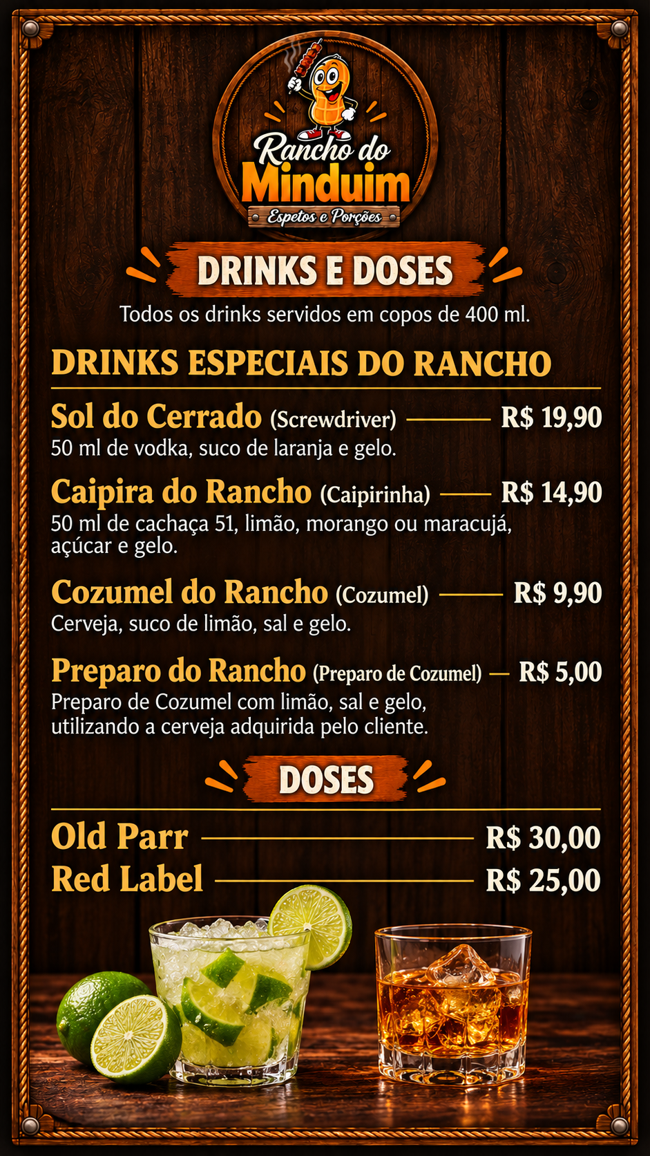 Cardápio Rancho do Minduim — Drinks e doses — continuação